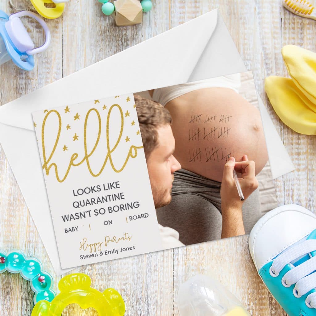 Hello baby birth announcement. Funny card with an image of a father counting the remaining days of pregnancy on the mothers belly