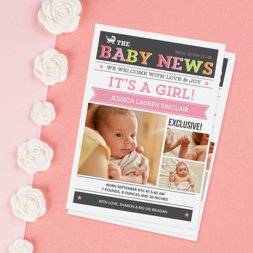 A funny baby announcement card design displayed on a pink background with white flowers