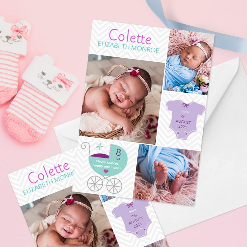 Personalised Welcome Baby Girl card presented on a pink surface with little pink socks