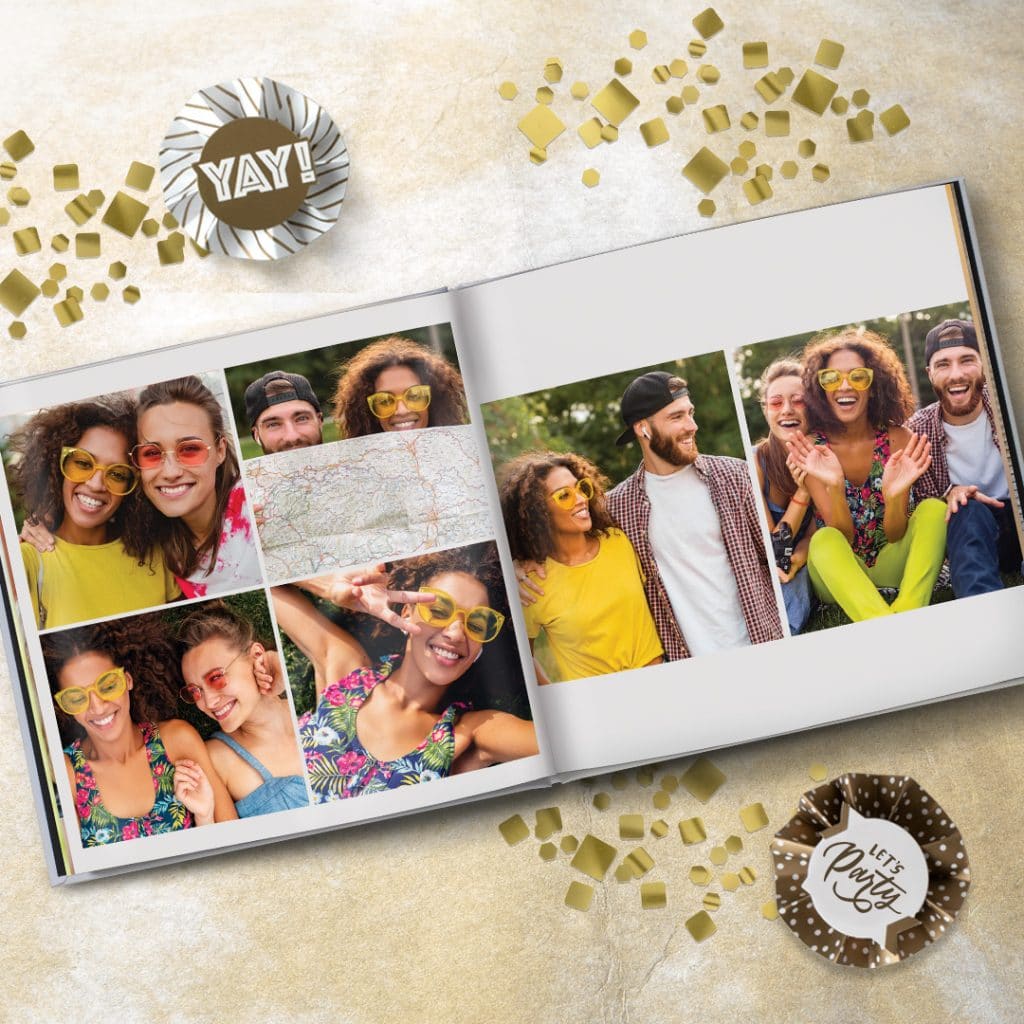A square photo book with images of 2 young women and a man laughing and having fun