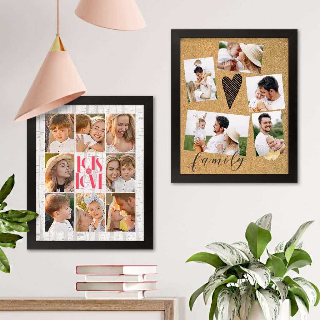 Two lovely framed collage photo prints with images of family presented on a wall above a wooden dresser