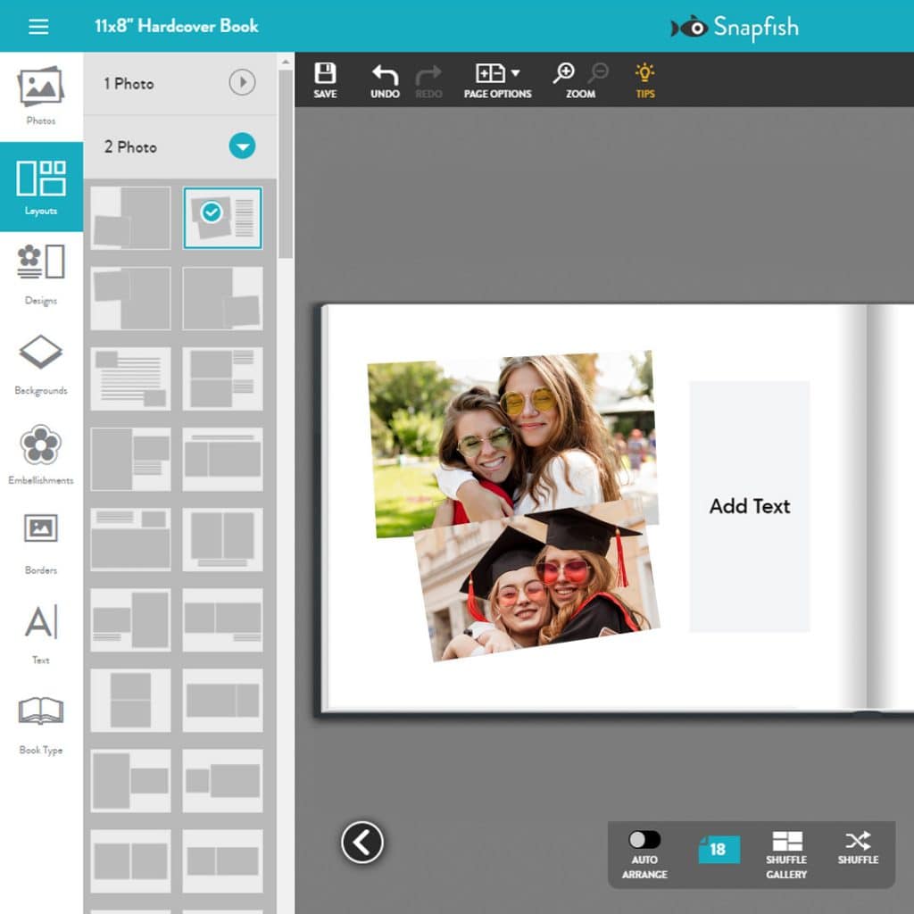 A photo book image from the Snapfish online builder, how to choose a layout with two images
