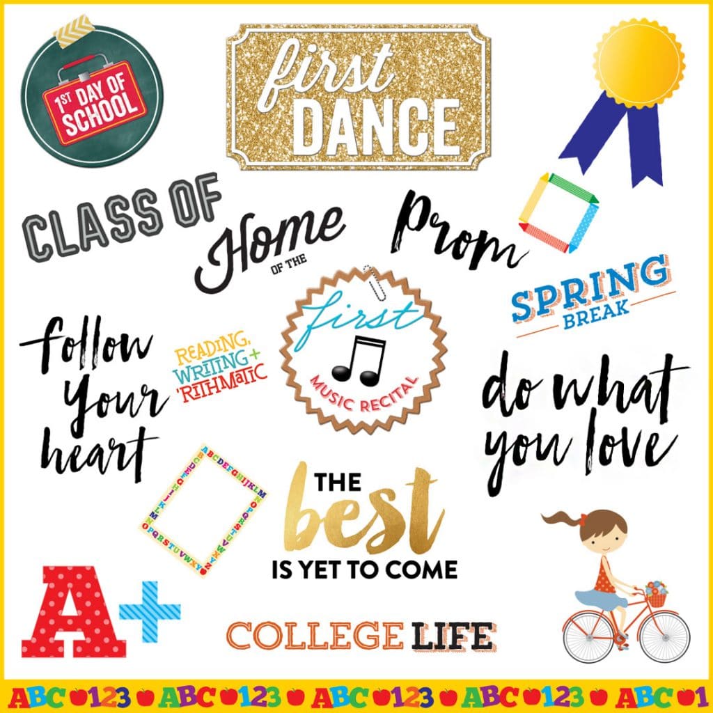 A selection of school embellishments from the Snapfish online builder