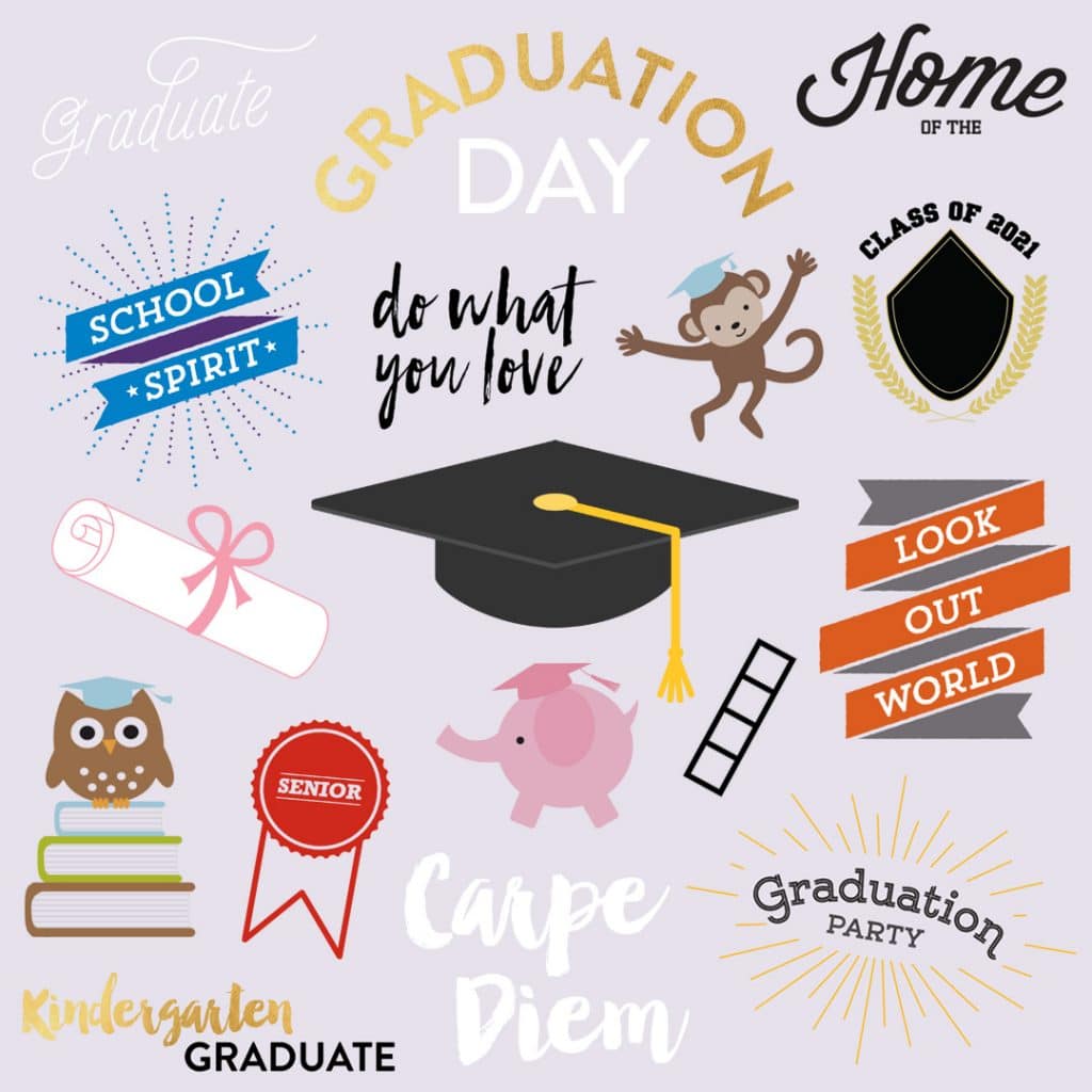 A group of Snapfish graduate embellishments you can add to your photo book