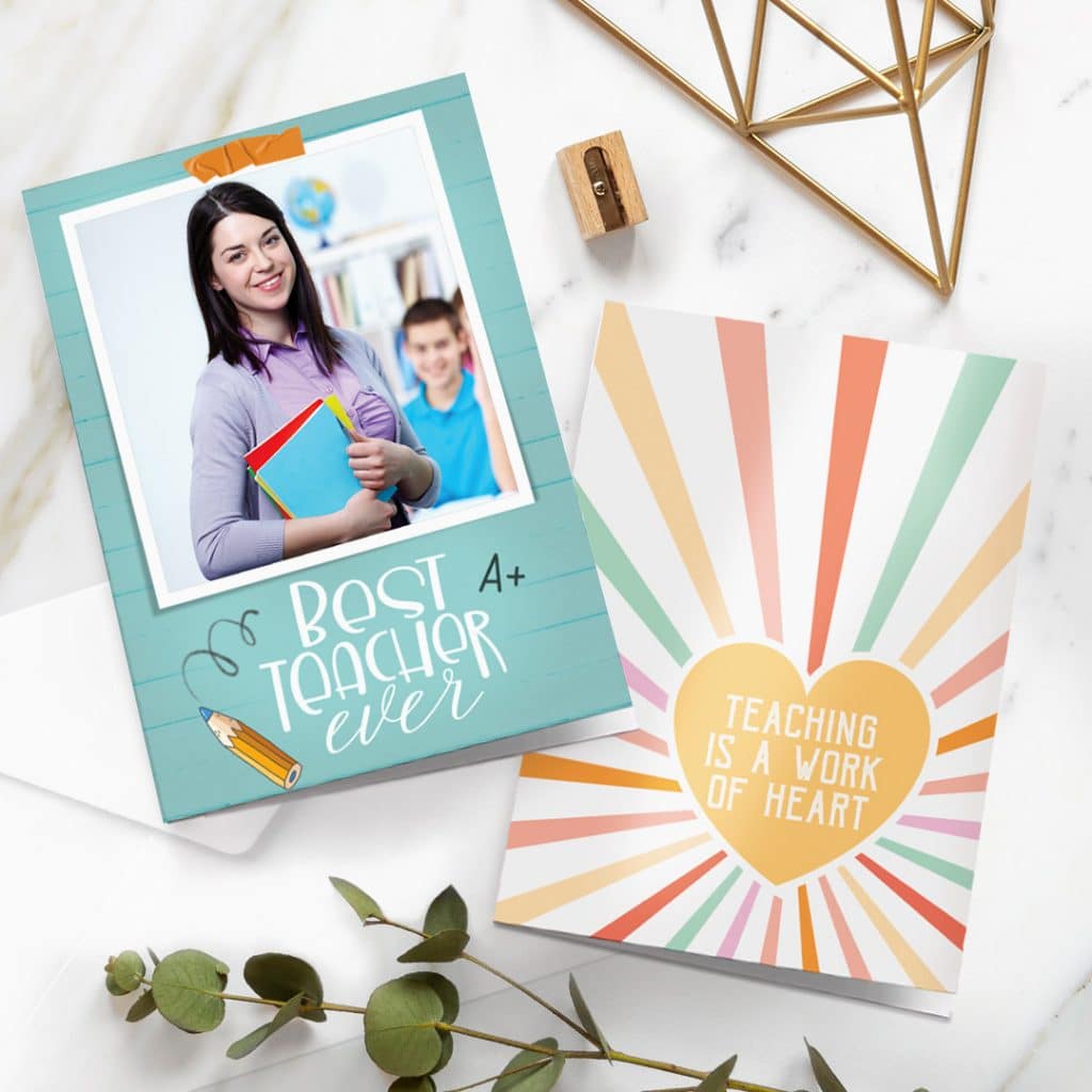 Two thank you teacher greeting cards shown on an office desk