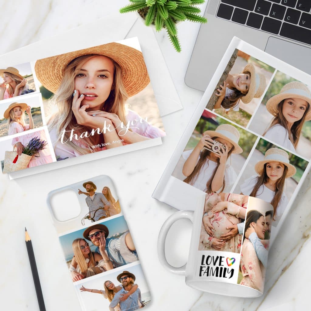 A personalised collage picture greeting card, phone case, notebook and mug on an office desk
