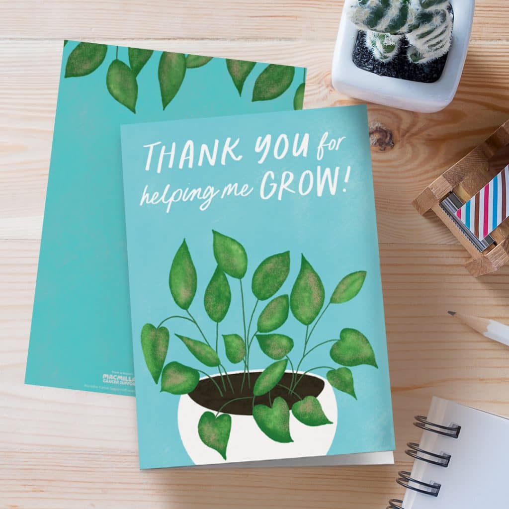 Thank you for helping me grow teacher thank you card, on a teacher's desk