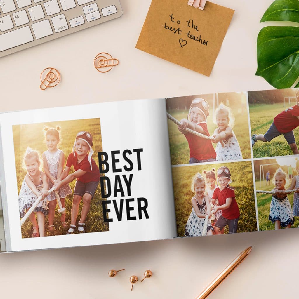 A thank you teacher photo book with images of children in a sport contest and text 'Best day ever'