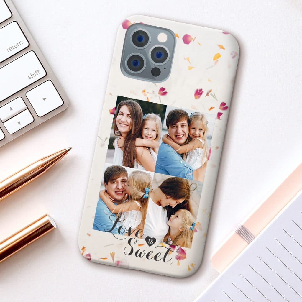A lovely iPhone 12 Pro Max case customised with family images on an office desk