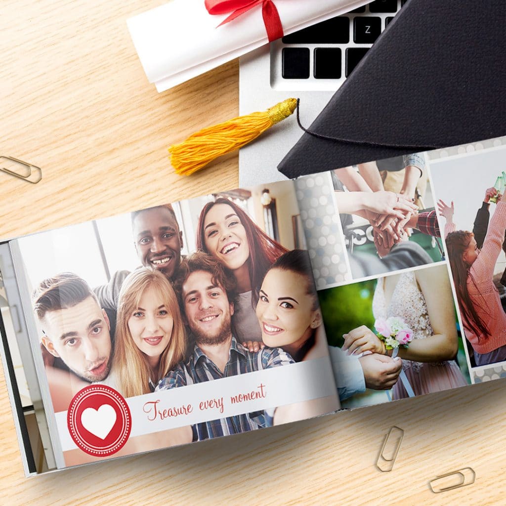 A personalized photo book with images of happy young people