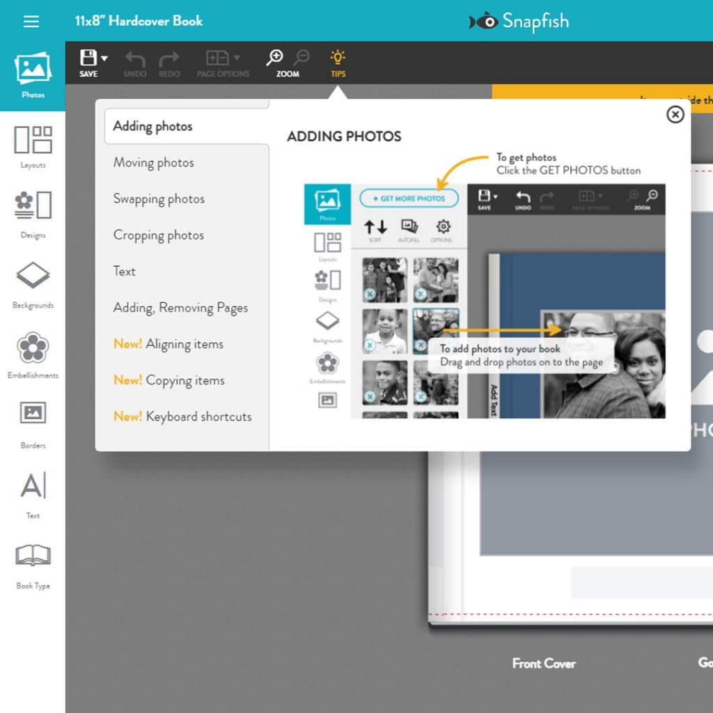 An image form the Snapfish online builder - how to add photos to a page when creating a photo book