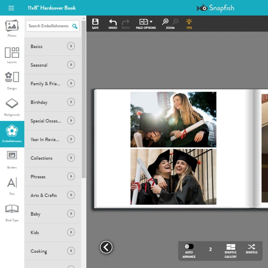 A photo book image from the Snapfish online builder, how to add embellishments