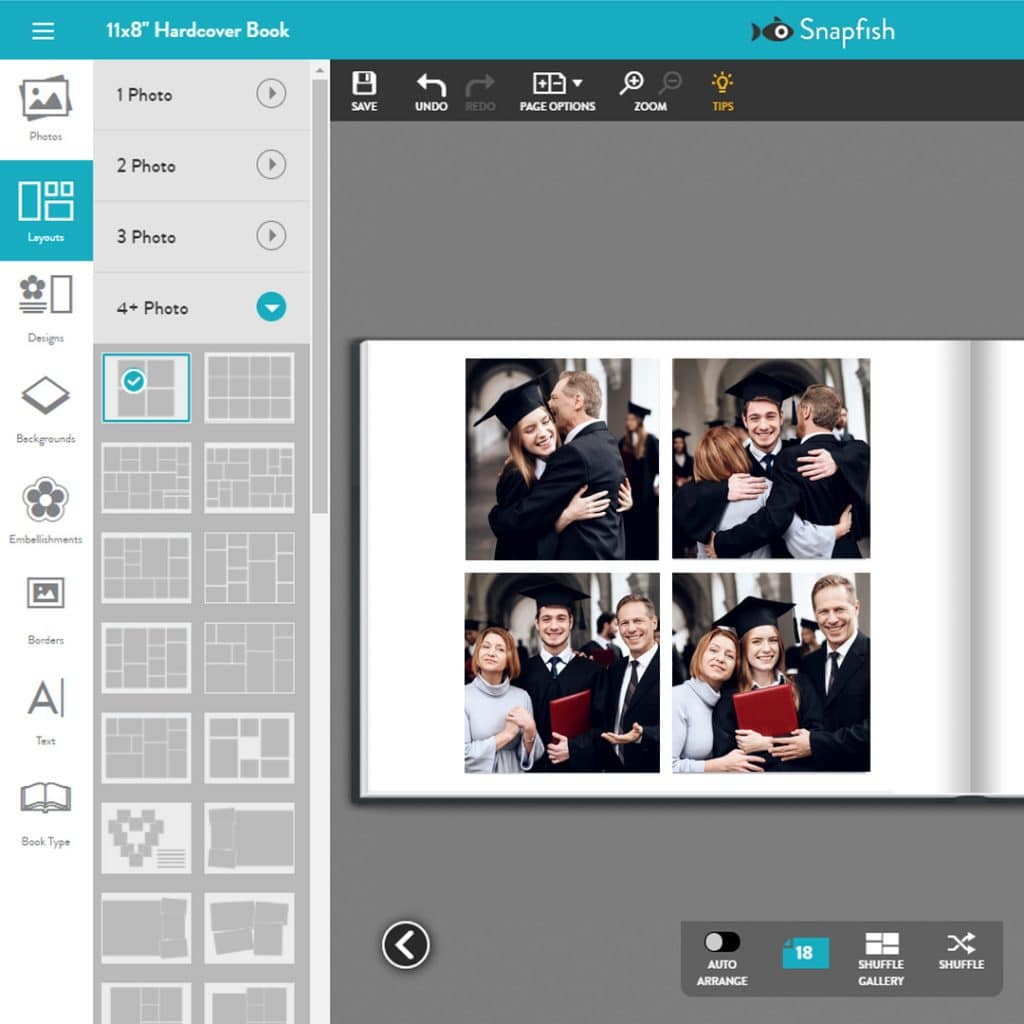 A photo book image from the Snapfish online builder, how to choose a collage layout