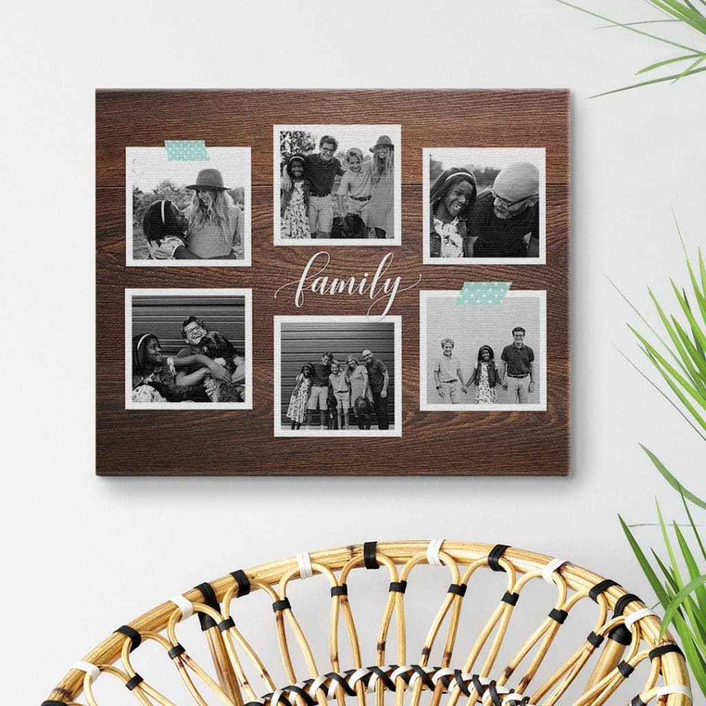 A collage photo canvas with black and white family images, presented on a wall above a chair