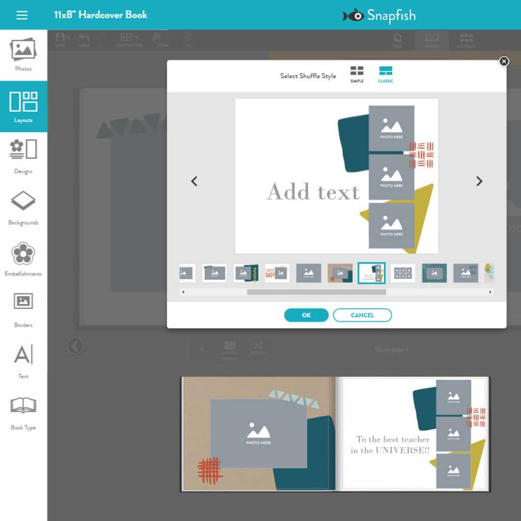 An image form the Snapfish online builder - how to change a layout of a page when creating a photo book