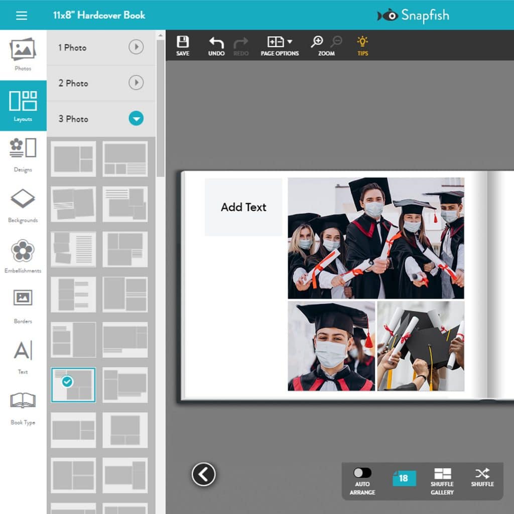 A photo book image from the Snapfish online builder, how to add text next to images