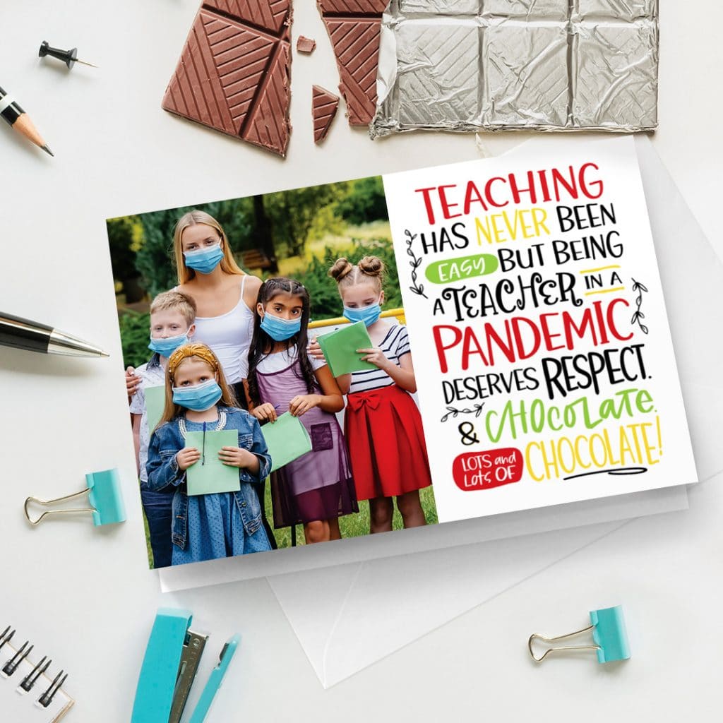 A teacher thank you card with an image of teacher and children wearing COVID face masks