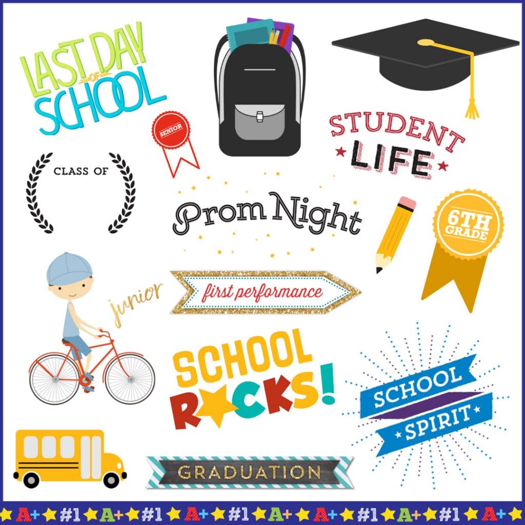A selection of school embellishments from the Snapfish online builder